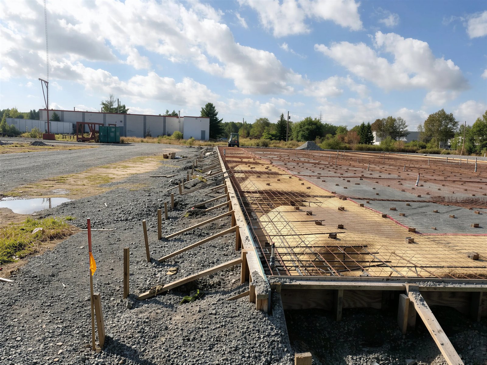 Steel building foundation with rebar and formwork