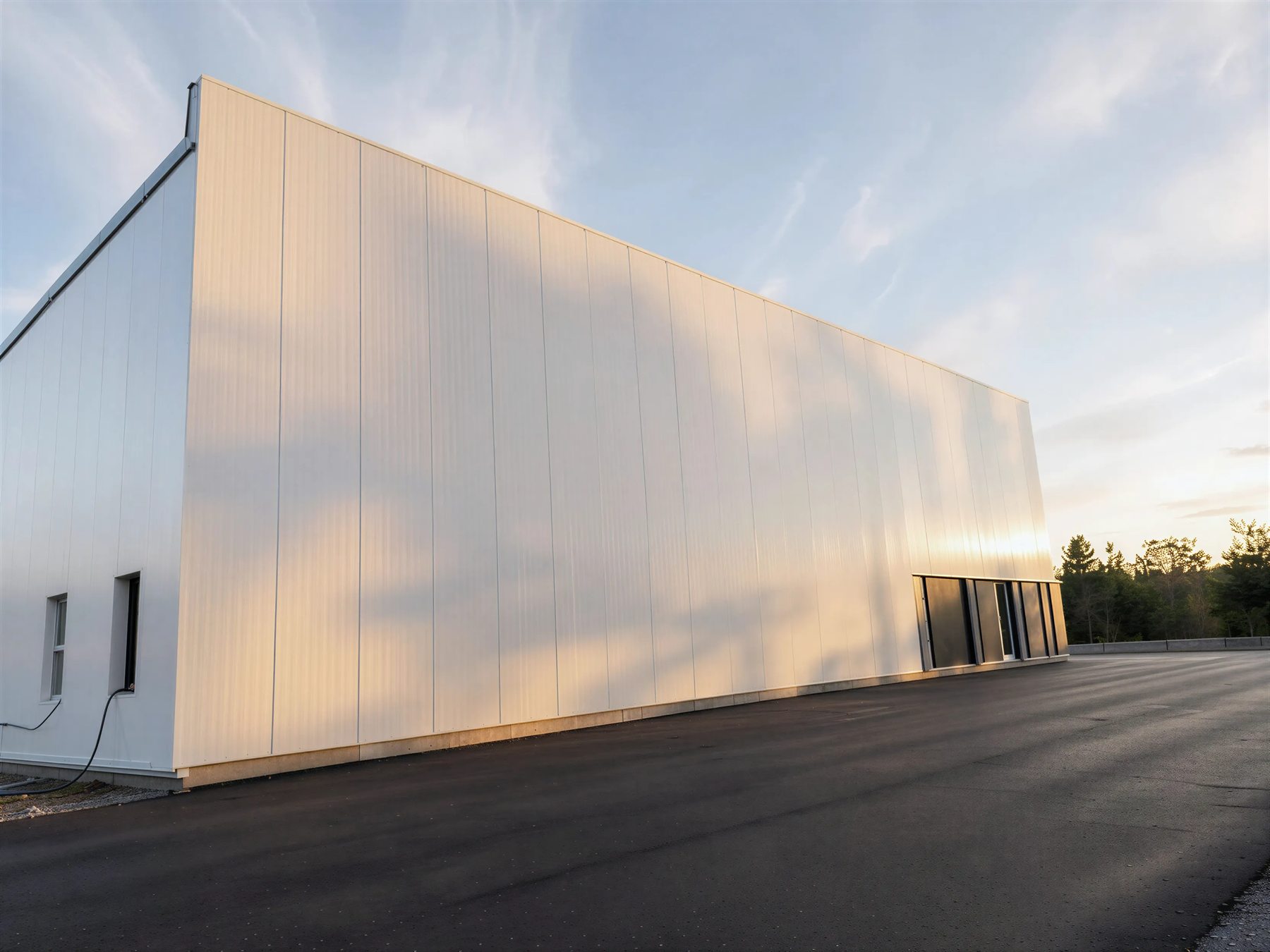 Modern white commercial building at sunset